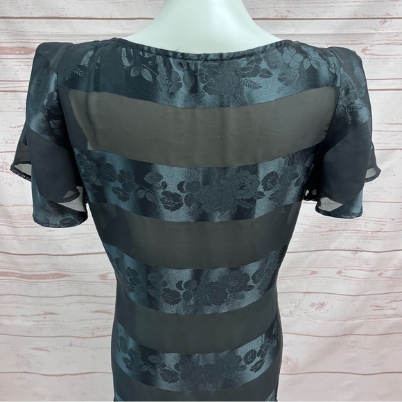 Vintage Satin Floral Striped Flutter Sleeve Ruffle Long Shift Cocktail Dress - Picture 8 of 12